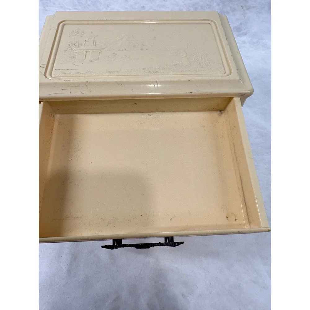 Vintage Chinoiserie Plastic Jewelry Box 3 Drawer Mini Chest Pagoda Cream Black